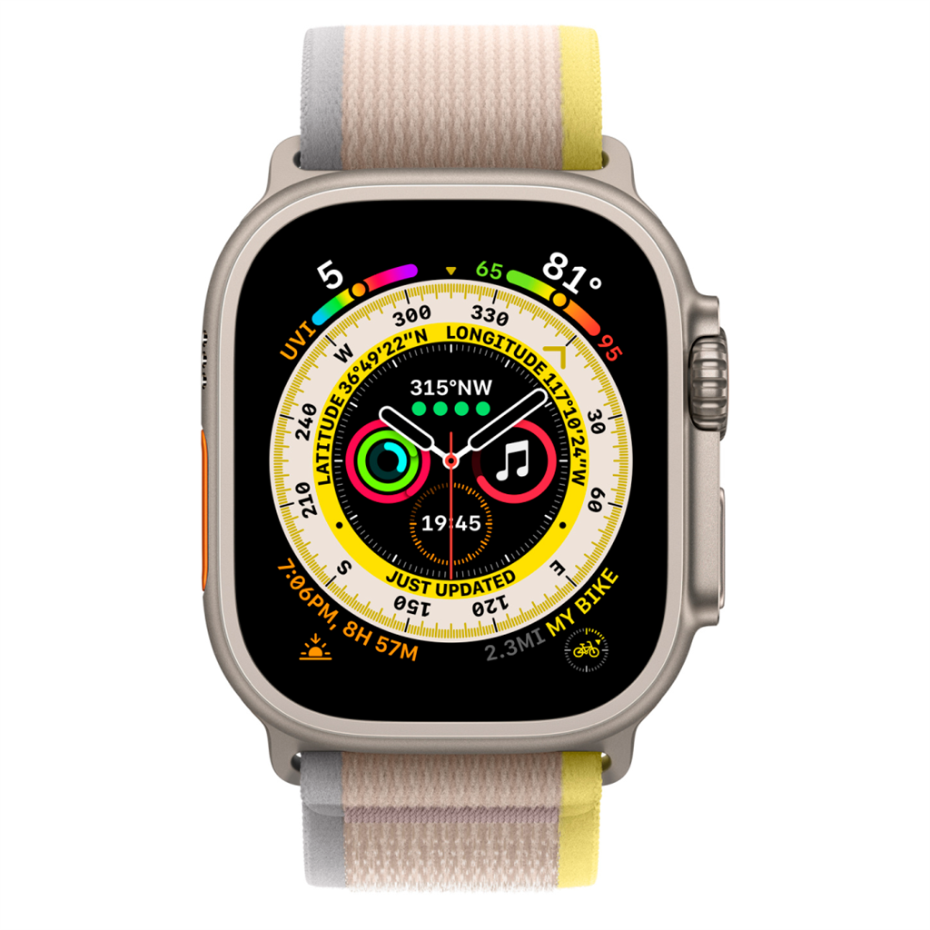 Apple Watch Ultra GPS + Cellular, 49mm Titanium Case with Yellow/Beige Trail Loop - S/M