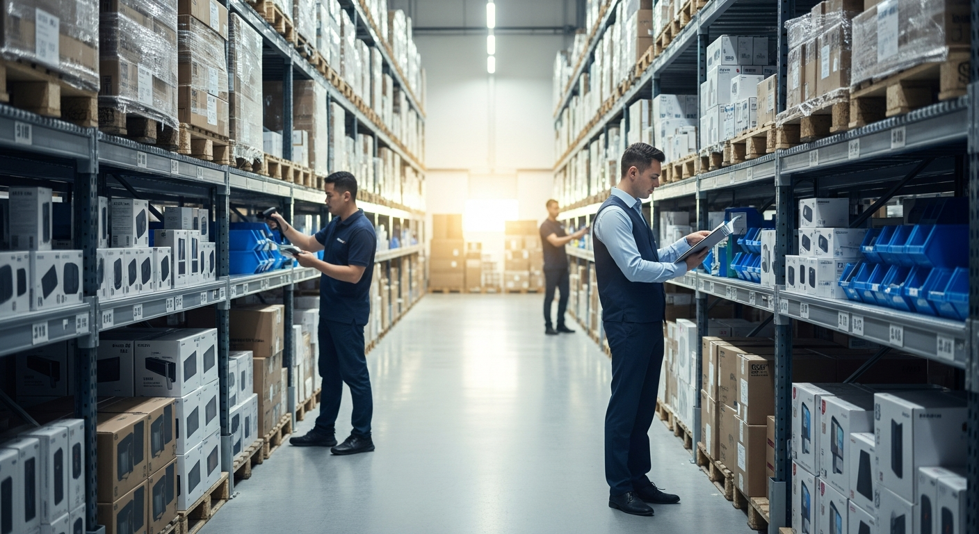 Warehouse worker scanning sealed, brand-neutral consumer electronics at an authorized distribution facility
