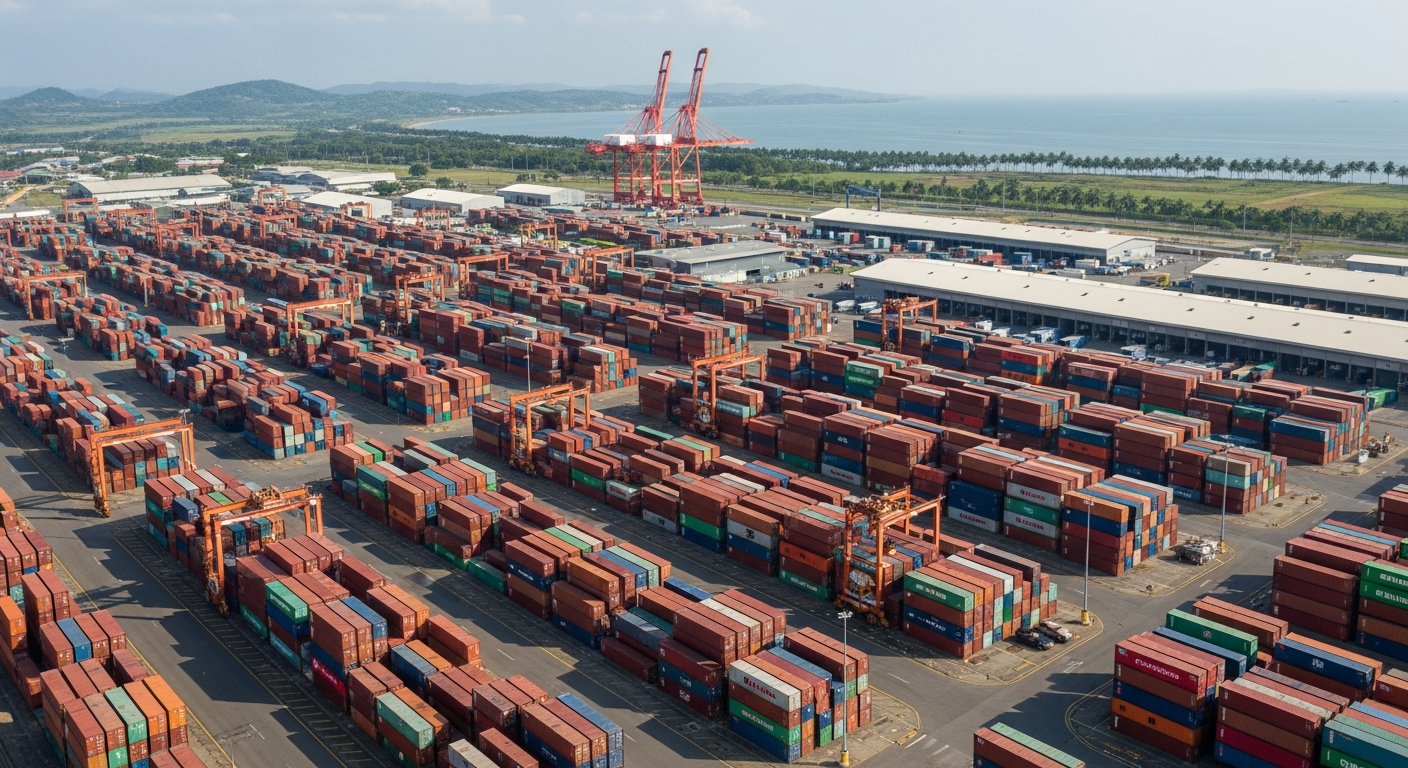 Aerial view of stacked shipping containers and warehouses at the Colón Free Zone logistics hub in Panama