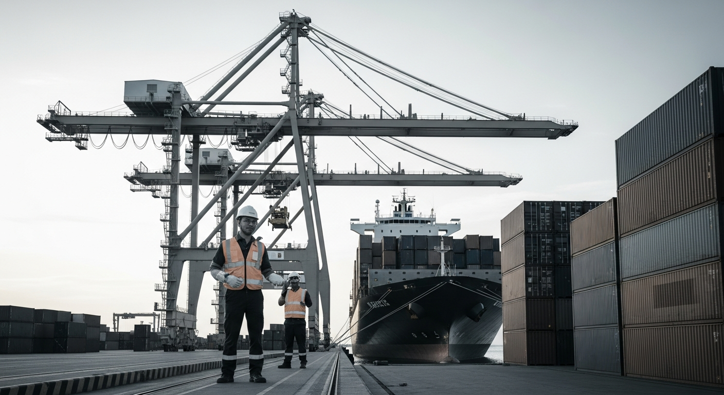Container ship being loaded by gantry cranes at port, illustrating Incoterms risk transfer for importers