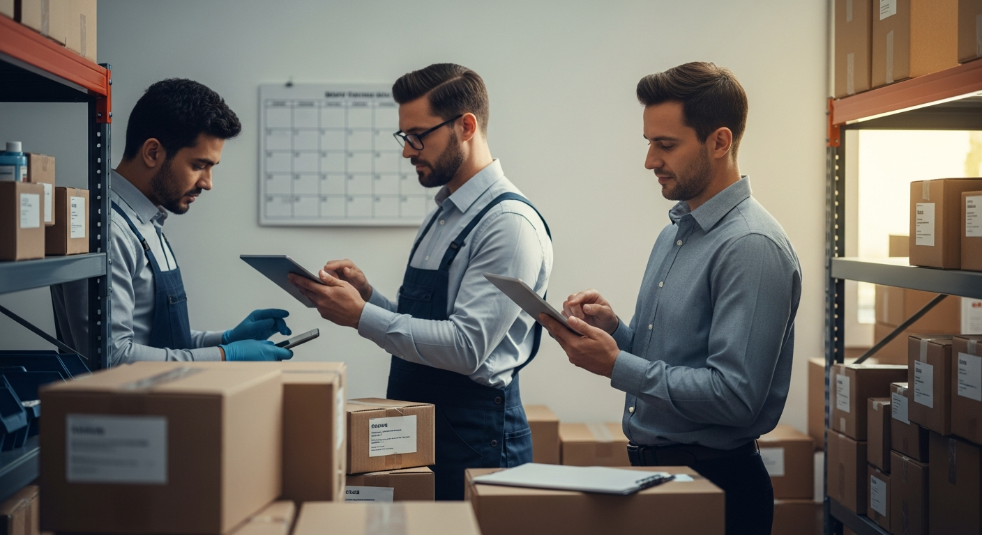 Reseller reviewing a Q4 inventory plan on a tablet in a fully stocked electronics warehouse