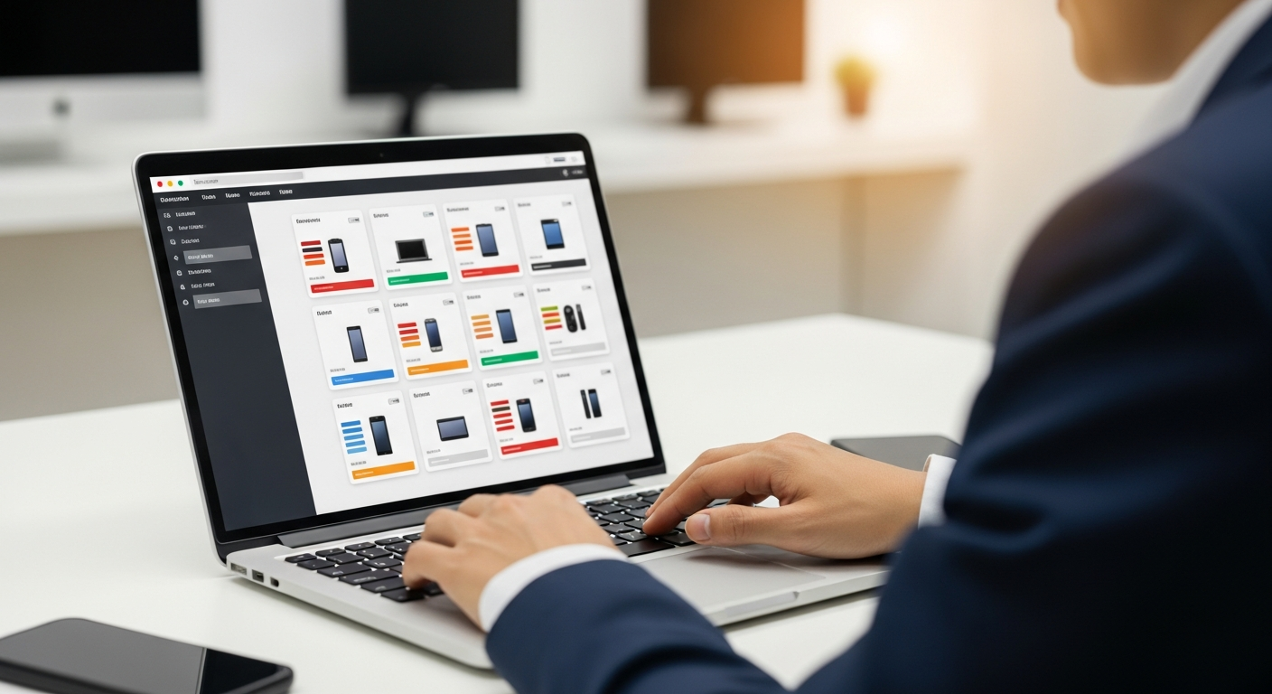 Electronics reseller comparing advertised wholesale prices on a product dashboard on a laptop