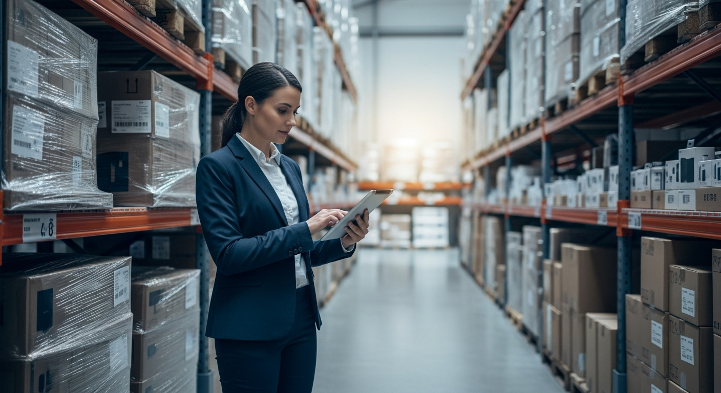 Buyer with a tablet reviewing shrink-wrapped pallets of wholesale electronics in a distribution warehouse