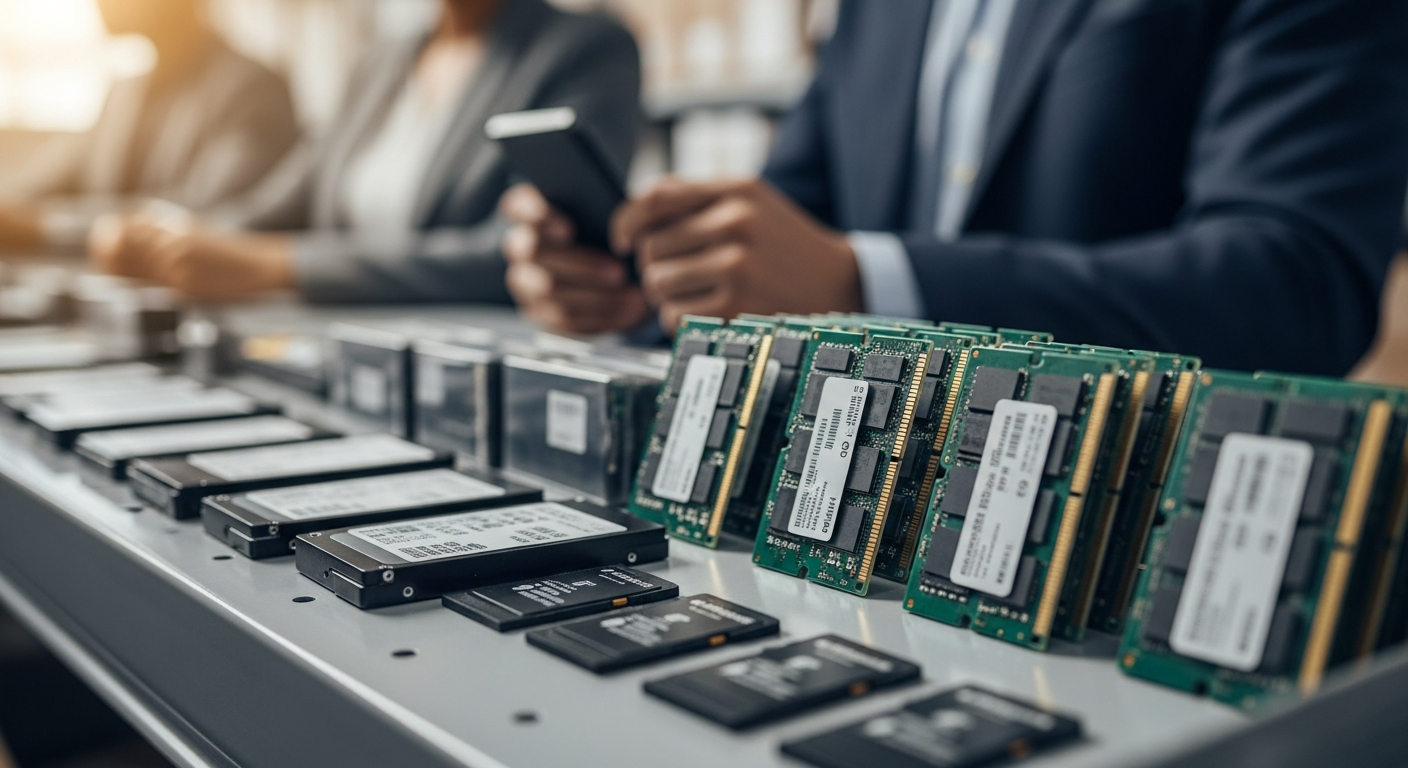 Wholesale SSDs, DRAM memory modules, and memory cards arranged on a distribution shelf