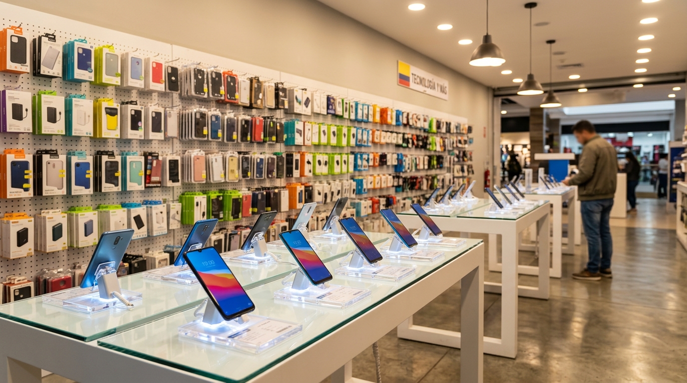 Tienda de electrónica en Colombia con smartphones de gama media y accesorios en exhibición.