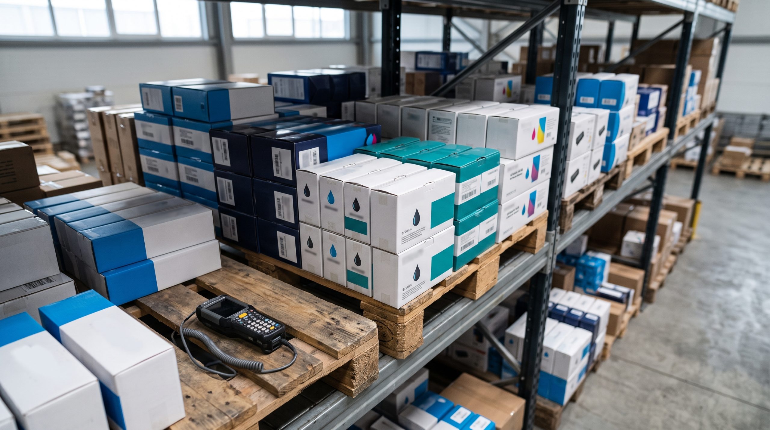 Sealed HP, Epson, Canon and Lexmark ink and toner cartons on a distributor warehouse shelf.