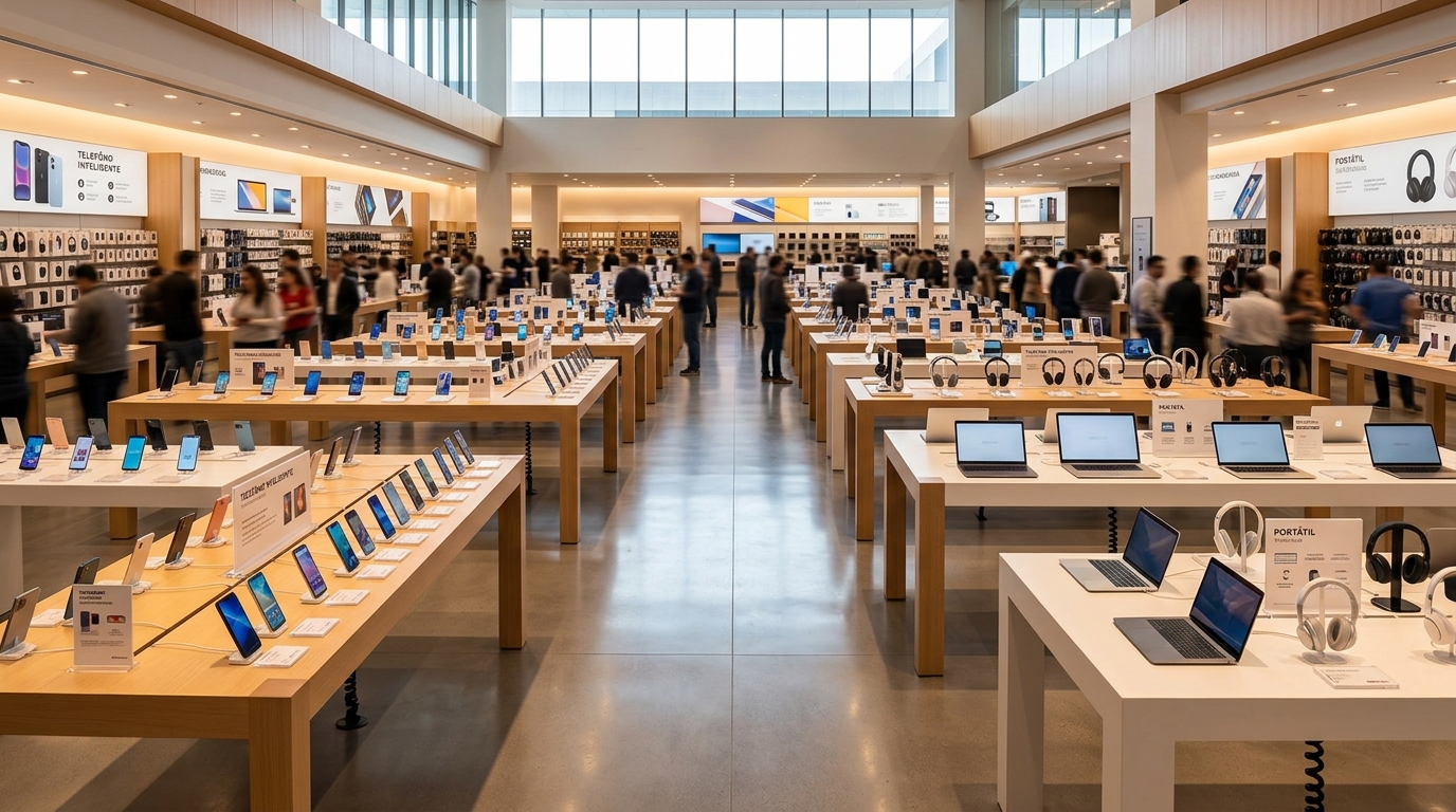 Piso de venta de electrónica en México con smartphones, laptops y audífonos en exhibición.