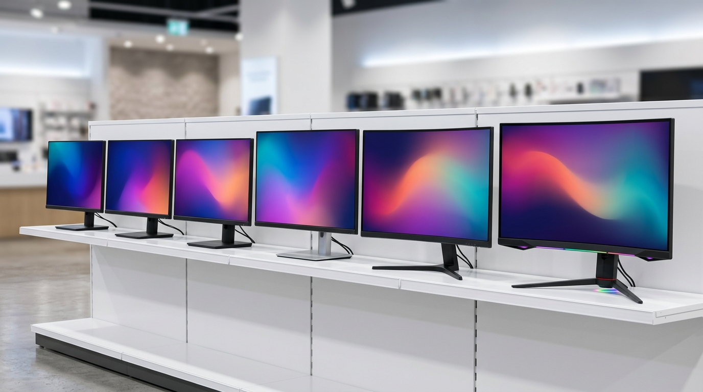 Premium smartphones, headphones and a mesh Wi-Fi router on display in a Santiago electronics store