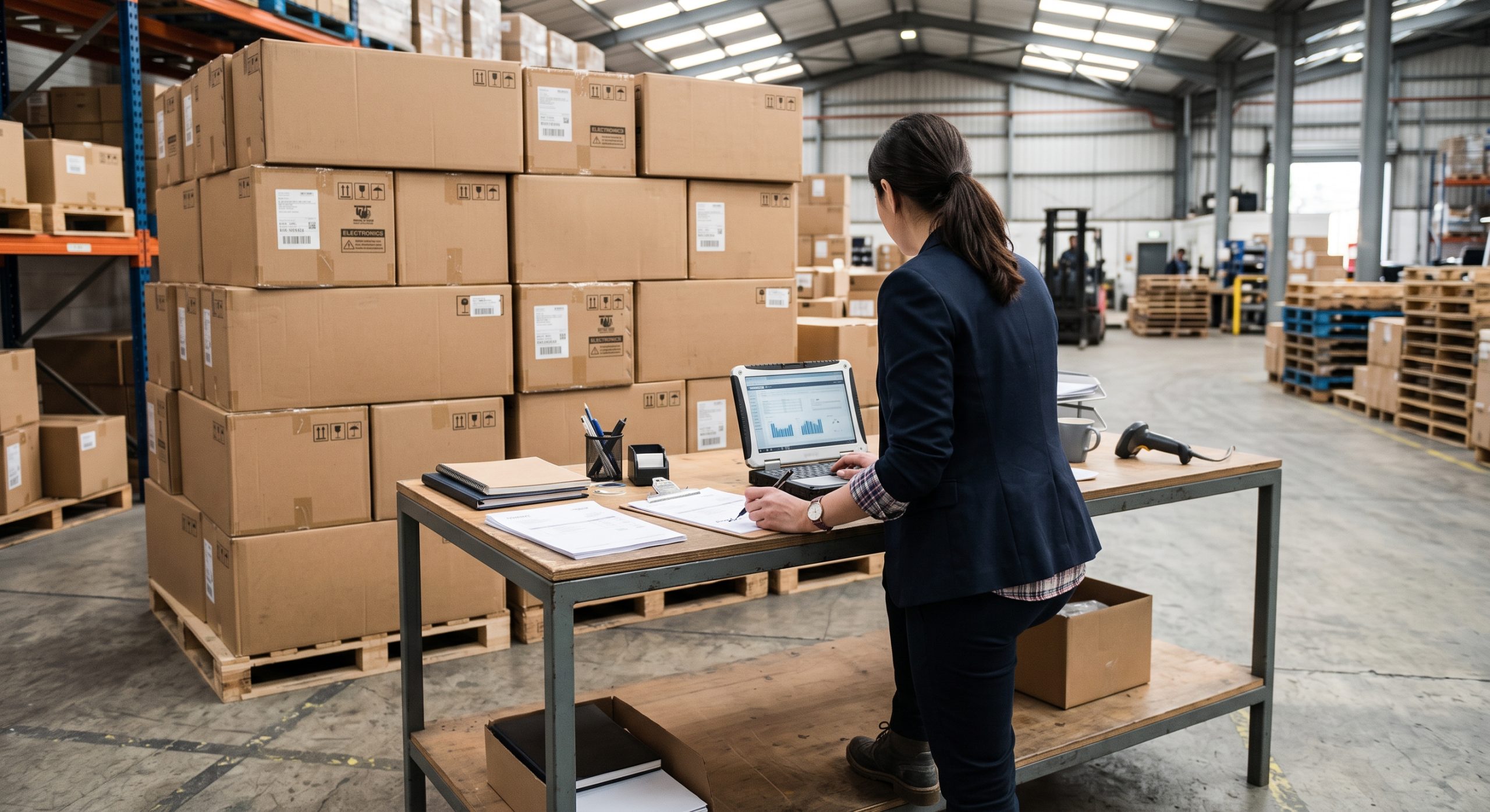 Buyer reviewing supplier invoices and sealed electronics cartons in a distribution warehouse.