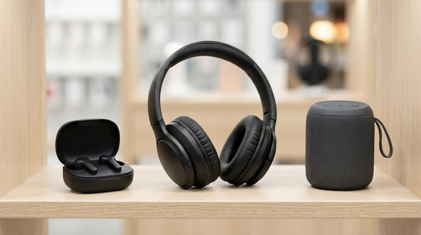 Wireless earbuds, over-ear headphones and a portable Bluetooth speaker displayed on a retail shelf