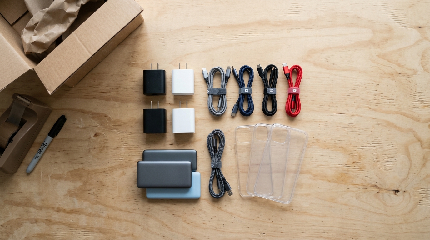 Cargadores, cables USB-C, fundas y baterías externas de marca ordenados en un mostrador de tienda.