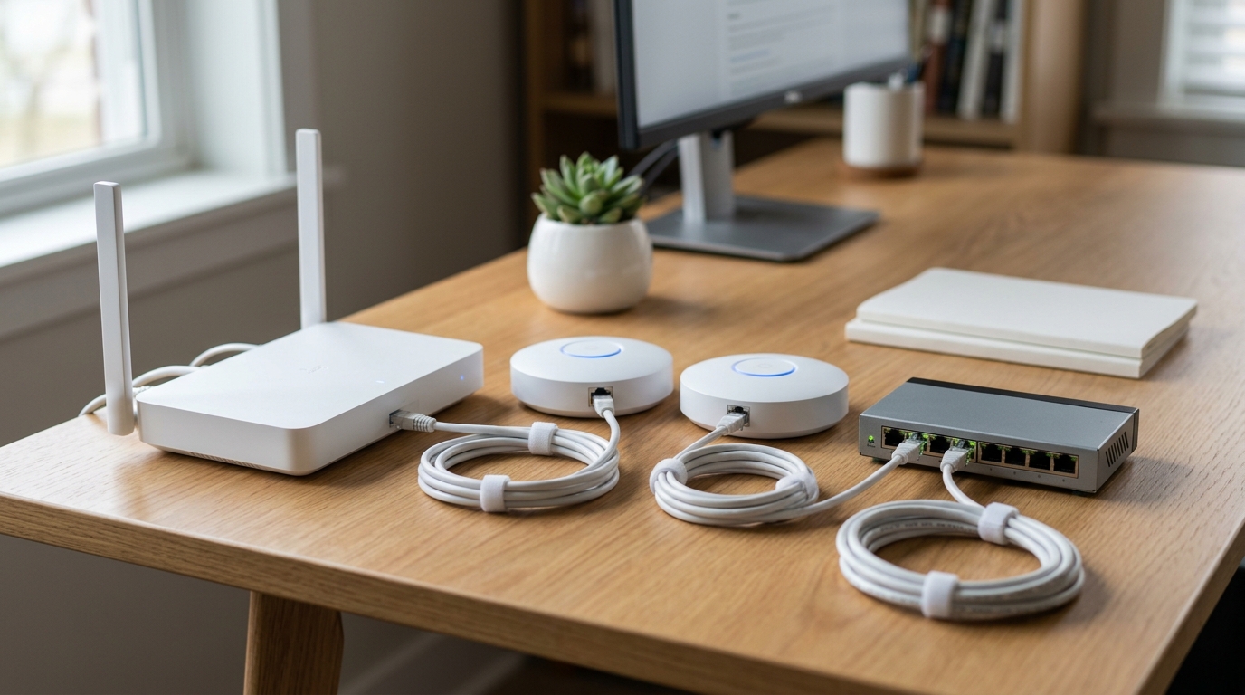 Wi-Fi router, mesh Wi-Fi nodes and a Gigabit switch on a small office desk