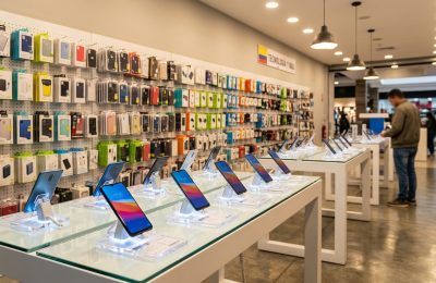 Tienda de electrónica en Colombia con smartphones de gama media y accesorios en exhibición.