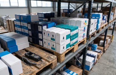 Sealed HP, Epson, Canon and Lexmark ink and toner cartons on a distributor warehouse shelf.