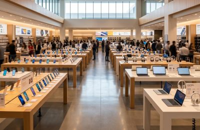 Electronics retail floor in Mexico with smartphones, laptops and headphones on display