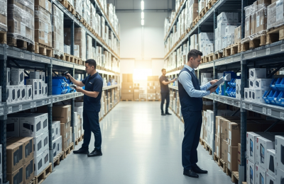 Warehouse worker scanning sealed, brand-neutral consumer electronics at an authorized distribution facility