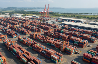 Aerial view of stacked shipping containers and warehouses at the Colón Free Zone logistics hub in Panama