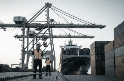 Container ship being loaded by gantry cranes at port, illustrating Incoterms risk transfer for importers