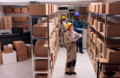 delivery-service-worker-searching-customer-parcel-warehouse-holding-clipboard-diverse-storehouse-employees-wearing-uniform-overalls-supervising-goods-factory-storehouse