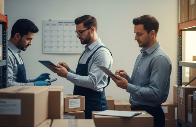 Reseller reviewing a Q4 inventory plan on a tablet in a fully stocked electronics warehouse