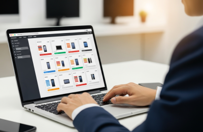 Electronics reseller comparing advertised wholesale prices on a product dashboard on a laptop