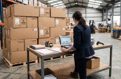 Buyer reviewing supplier invoices and sealed electronics cartons in a distribution warehouse.