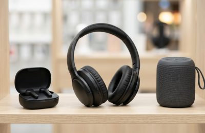 Wireless earbuds, over-ear headphones and a portable Bluetooth speaker displayed on a retail shelf