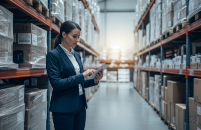 Buyer with a tablet reviewing shrink-wrapped pallets of wholesale electronics in a distribution warehouse