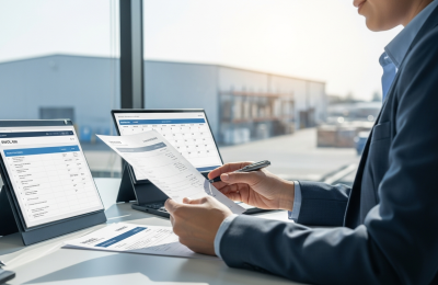 Finance professional reviewing wholesale electronics invoices and payment-term due dates at a desk