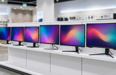 Row of 24-inch and 27-inch monitors on a display shelf, including one curved gaming model