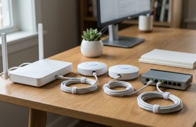 Wi-Fi router, mesh Wi-Fi nodes and a Gigabit switch on a small office desk