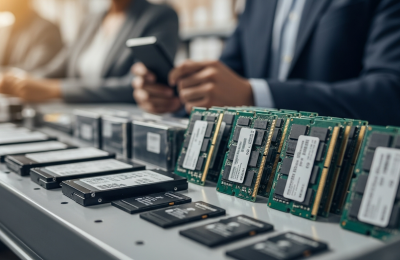 Wholesale SSDs, DRAM memory modules, and memory cards arranged on a distribution shelf